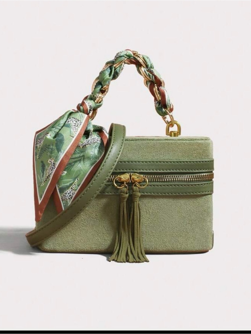 Olive Green Suede Box Crossbody Bag with Scarf Handle